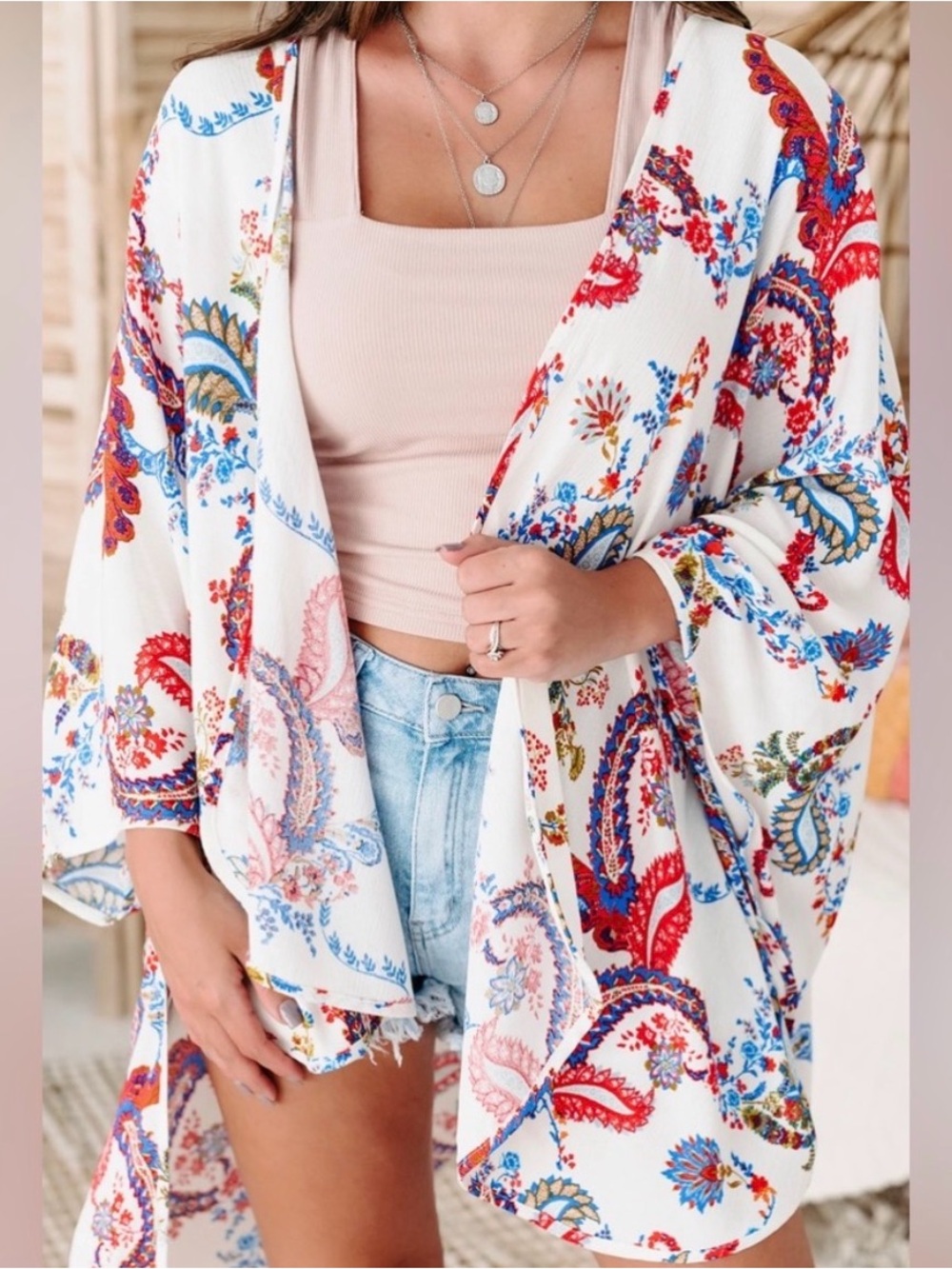Red white and blue paisley kimono cardigan Fourth of July swim coverup